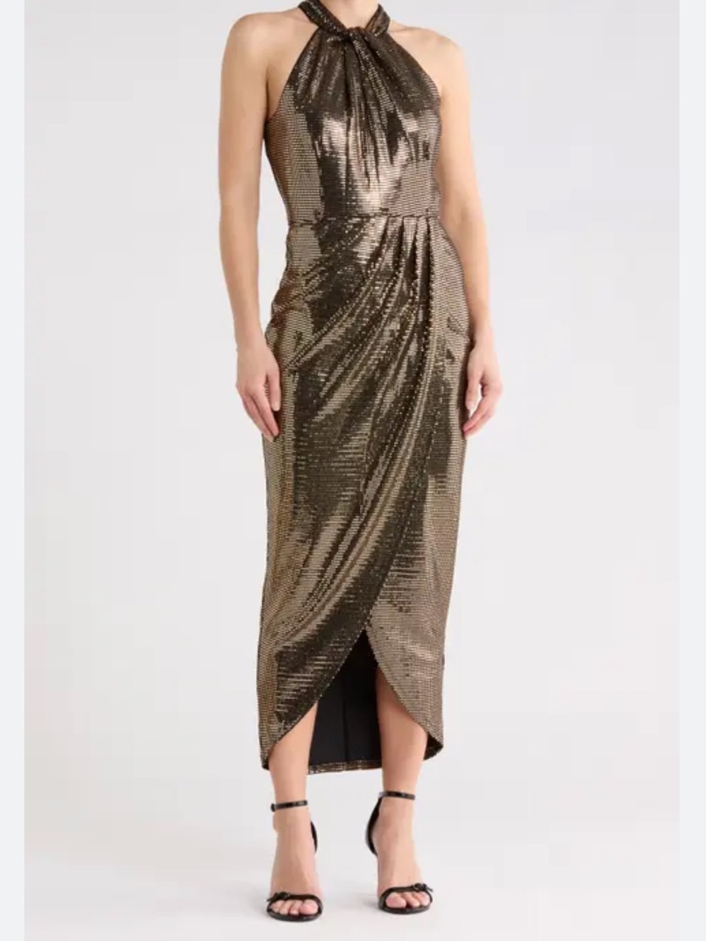 Maia Size 18 Gold Metallic Sequin Halter Cocktail Dress Midi Party Evening